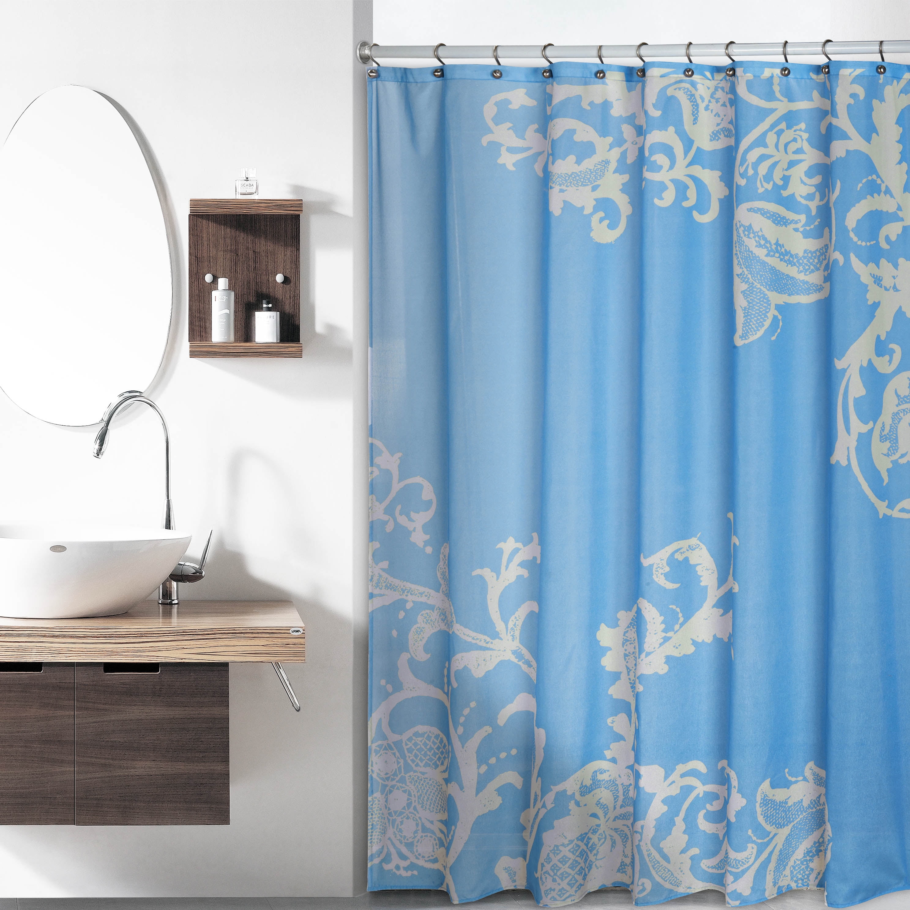 Blue Luxury Fabric Shower Curtain with Beige Floral Pattern