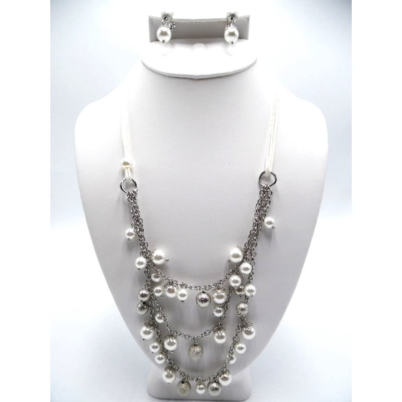 Clip on silver and white cord layered pearl necklace and earring set