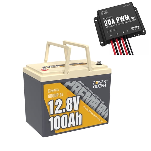 Power Queen 12V 100Ah Group 24 Lithium Battery with 20A PWM Waterproof Solar Charger Controller For Camper Trailer