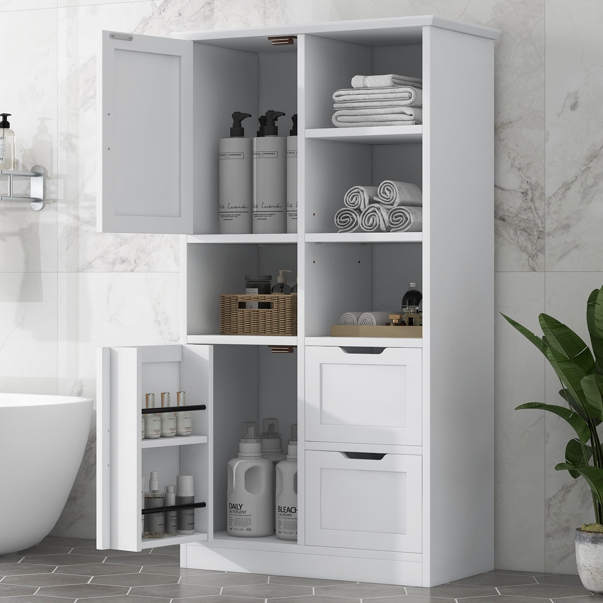 EUROCO 62'' Tall Bathroom Storage Cabinet, MDF Board Floor Storage Cabinet with 2 Doors, 2 Drawers and Adjustable & Door shelves, Freestanding Cabinet for Bathroom, Living Room, Home Office, White