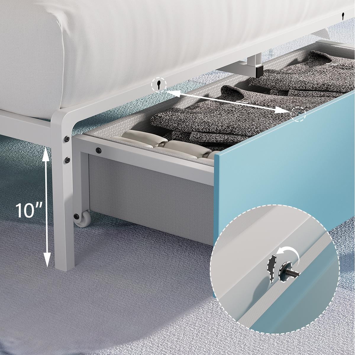 Twin Bed Frame with Storage Headboard & Drawer, 3-in-1 Charging Station, Sturdy Metal Frame, No Box Spring Needed, Noise-Free, Non-Slip Design –(Blue & White)