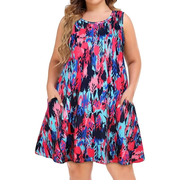 Robes d'Été pour Femmes Plage Décontractée T-Shirt Grande Taille Floral Manches Courtes Ample Robes Fluides Colorées Teinture sur Nœuds 4TG