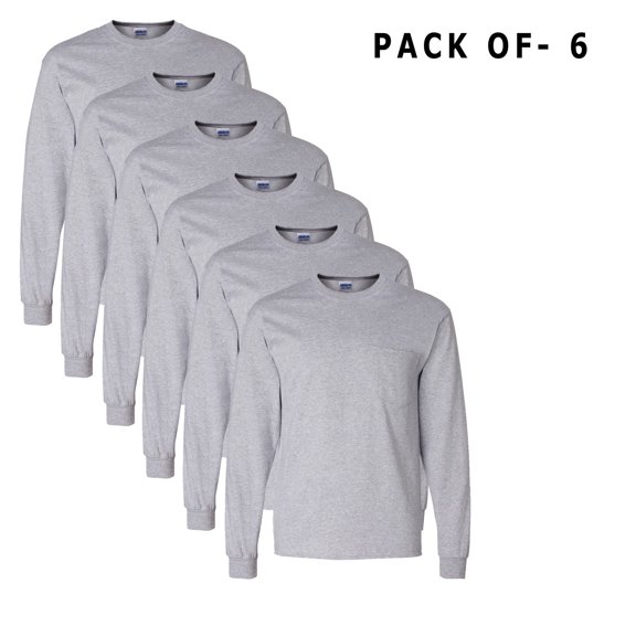 Gildan - 6 Pack T-Shirt for Men Made with 6 Oz./yd² 90/10 Cotton/Polyester | Sport Grey Long Sleeve Comfortable Tee - L Size