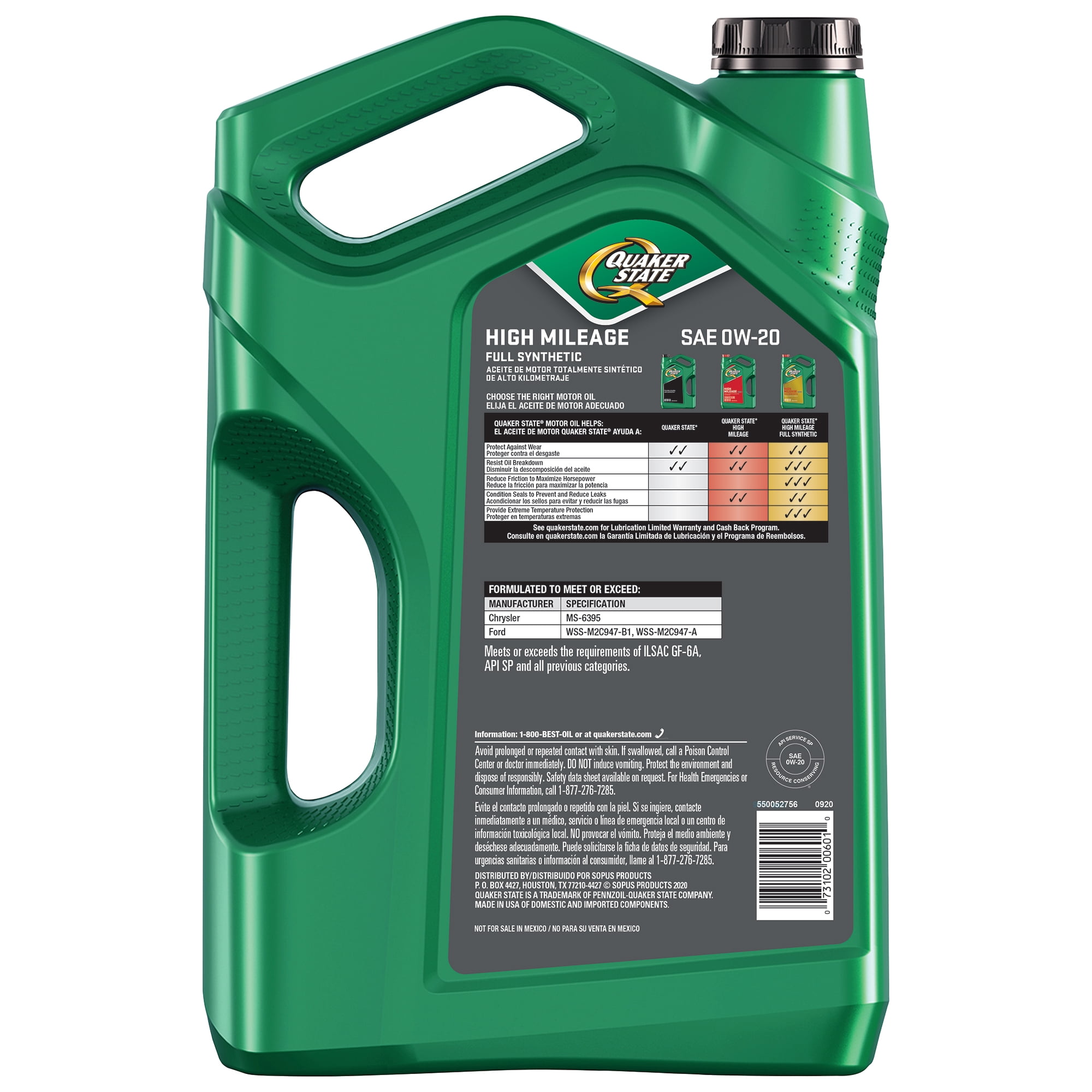 Quaker State High Mileage Full Synthetic 0W-20 Motor Oil, 5 Quart