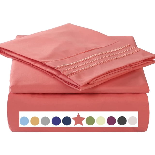 HTOOQ Ensemble de Draps de Lit Premium 4 Pcs 1800TC Literie 100% Polyester Microfibre HTOOQ Super Doux, Chaud, Respirant, Rafraîchissant, Sans Plis HTOOQ 10HTOOQ Poches Extra Profondes 16 Pouces, Complet, Corail