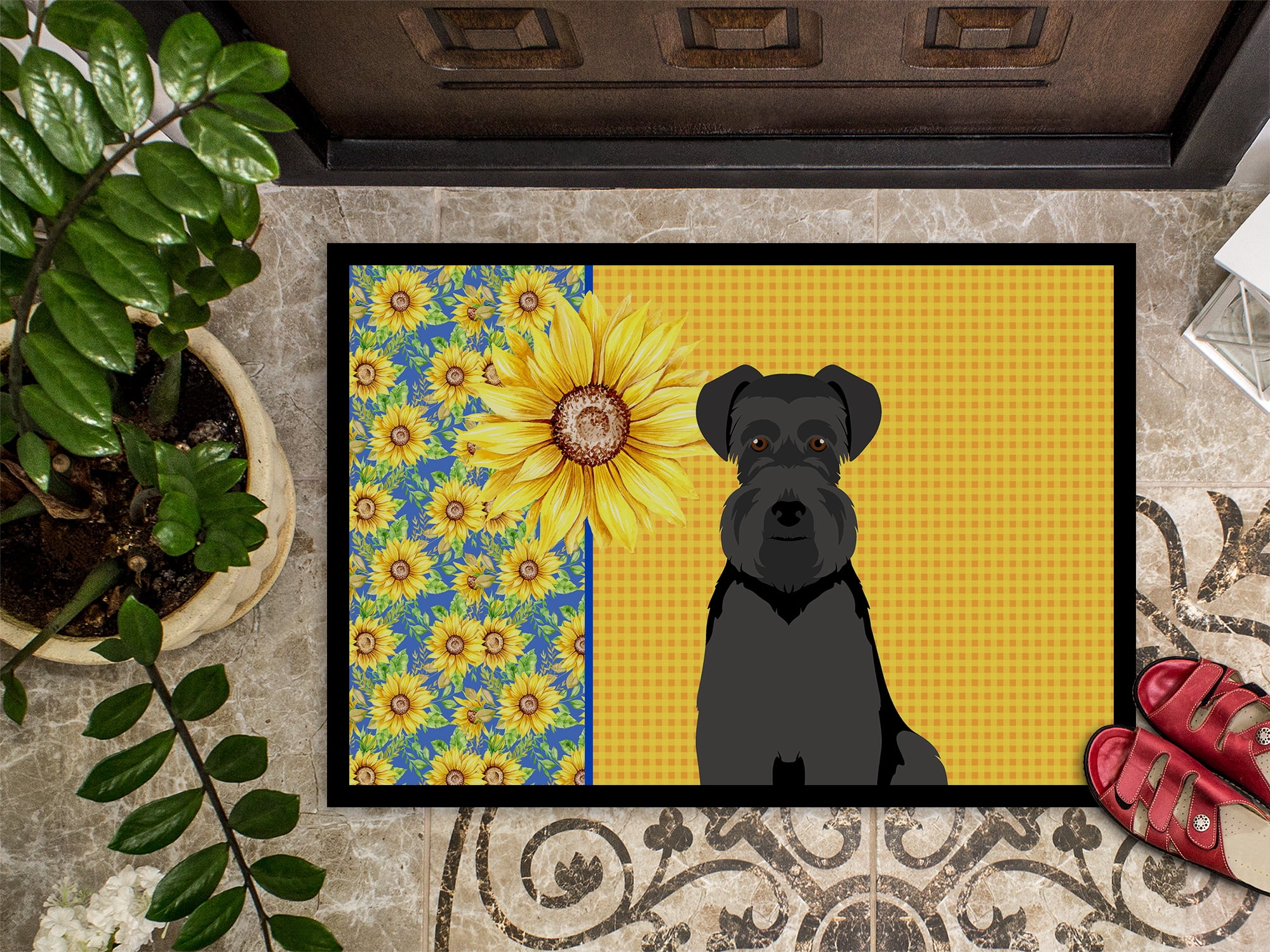 Summer Sunflowers Black Natural Ears Schnauzer Indoor or Outdoor Mat 24x36 36 in x 24 in