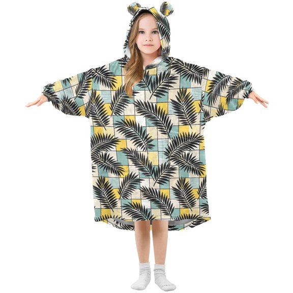 Wearable Blanket Hoodie Oversized Blanket Hoodie for Boys Girls Teens 3-14YR Black Leaves on A Checkered Background