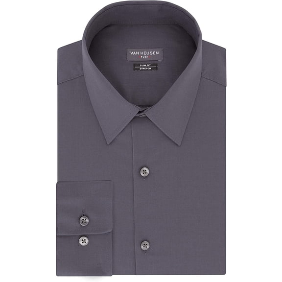 Van Heusen Mens Dress Shirt Slim Fit Flex Collar Stretch Solid 17.5 Neck 36-37 Sleeve Charcoal