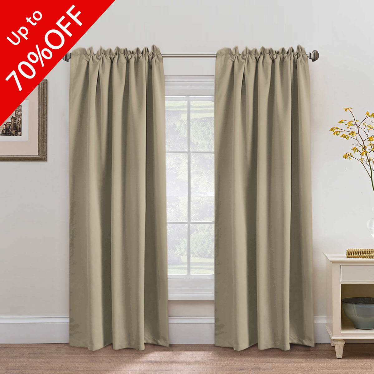 Back Tab and Rod Pocket Solid Thermal Insulated Bedroom Blackout Curtain 2 Panel 