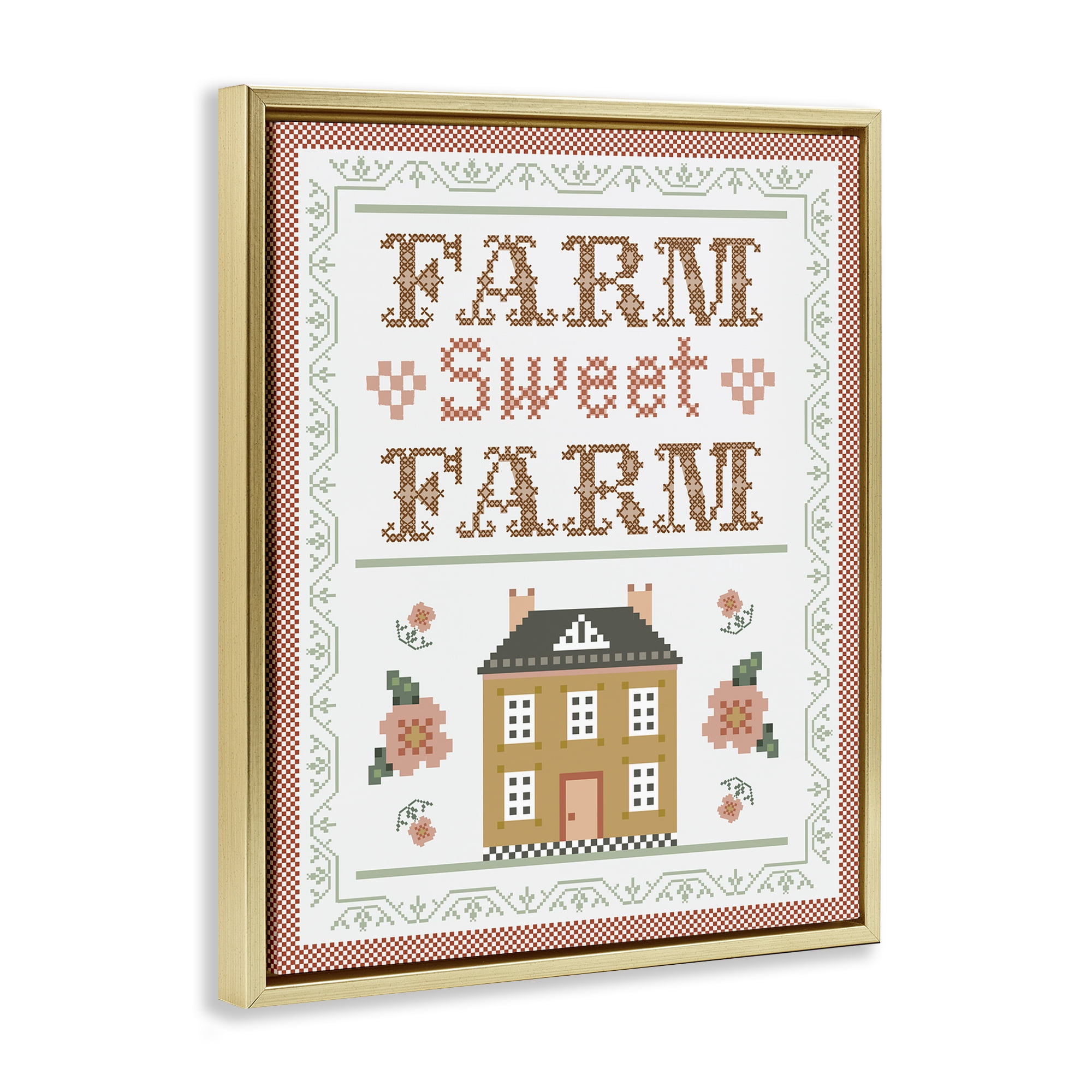 Stupell Industries Sweet Farm Needlepoint Style Text & Numbers Painting Gold Floater Framed Canvas Art Print Wall Art, 17 x 21