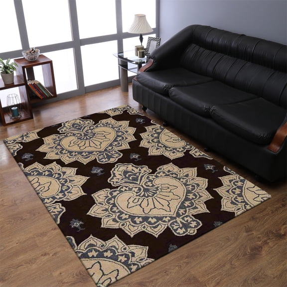 Rugsotic Carpets Hand Tufted Wool Eco-Friendly 5'x8' Area Rugs Rectangle Cream Brown Floral Modern High Pile Thick Handmade Anti Skid Indoor Rug for Living Room, Bedroom K00507