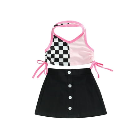 

Sunisery Kids Baby Girls Casual Suit Sleeveless Backless Plaid Halter Tops+Solid Color Button Short Skirt Pink 4-5 Years