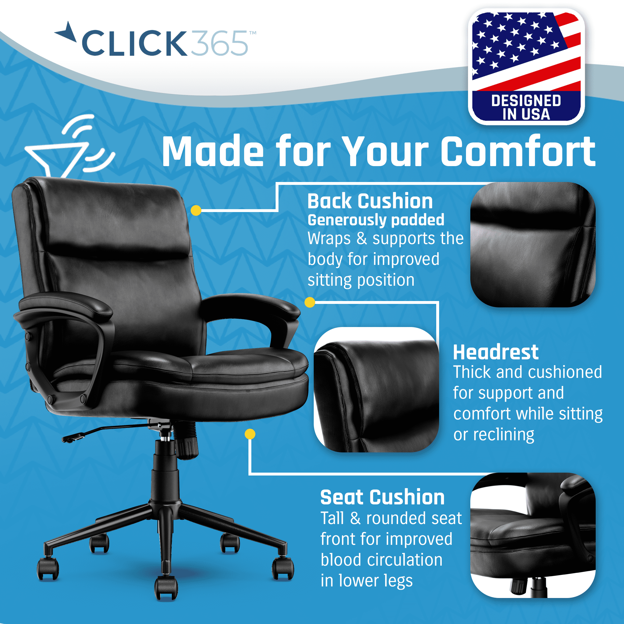 Click365 Transform 2.0 Ergonomic Mid Back Desk Chair Bonded Leather Black