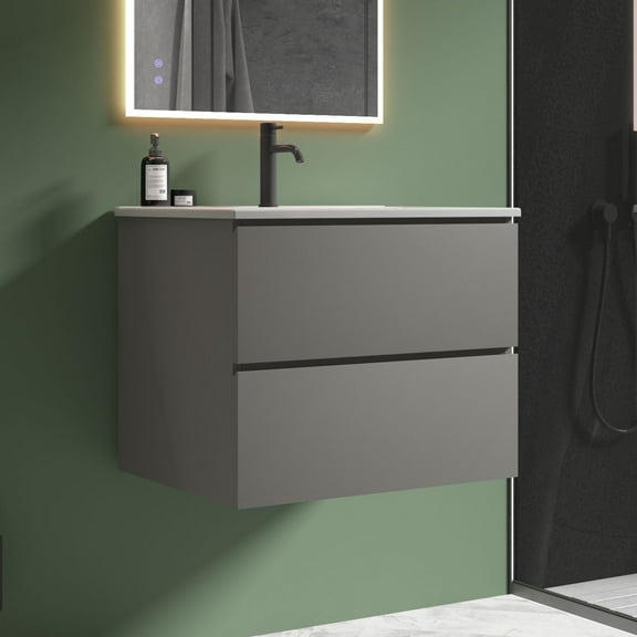 CITTANEO 24" Floating Bathroom Vanity with Ceramic Sink, Contemporary Bathroom Cabinet with 2 Drawers, Gray