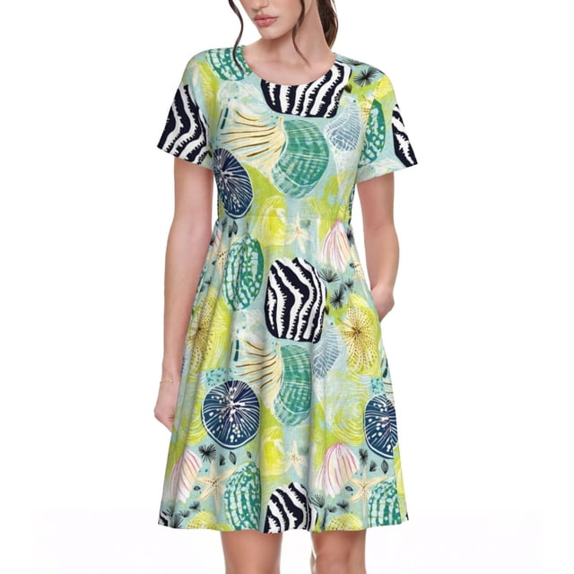 Balery Shell Clam Vestidos sueltos de manga corta para mujer, vestidos de verano 2025, vestidos casuales de corte A con vuelo.