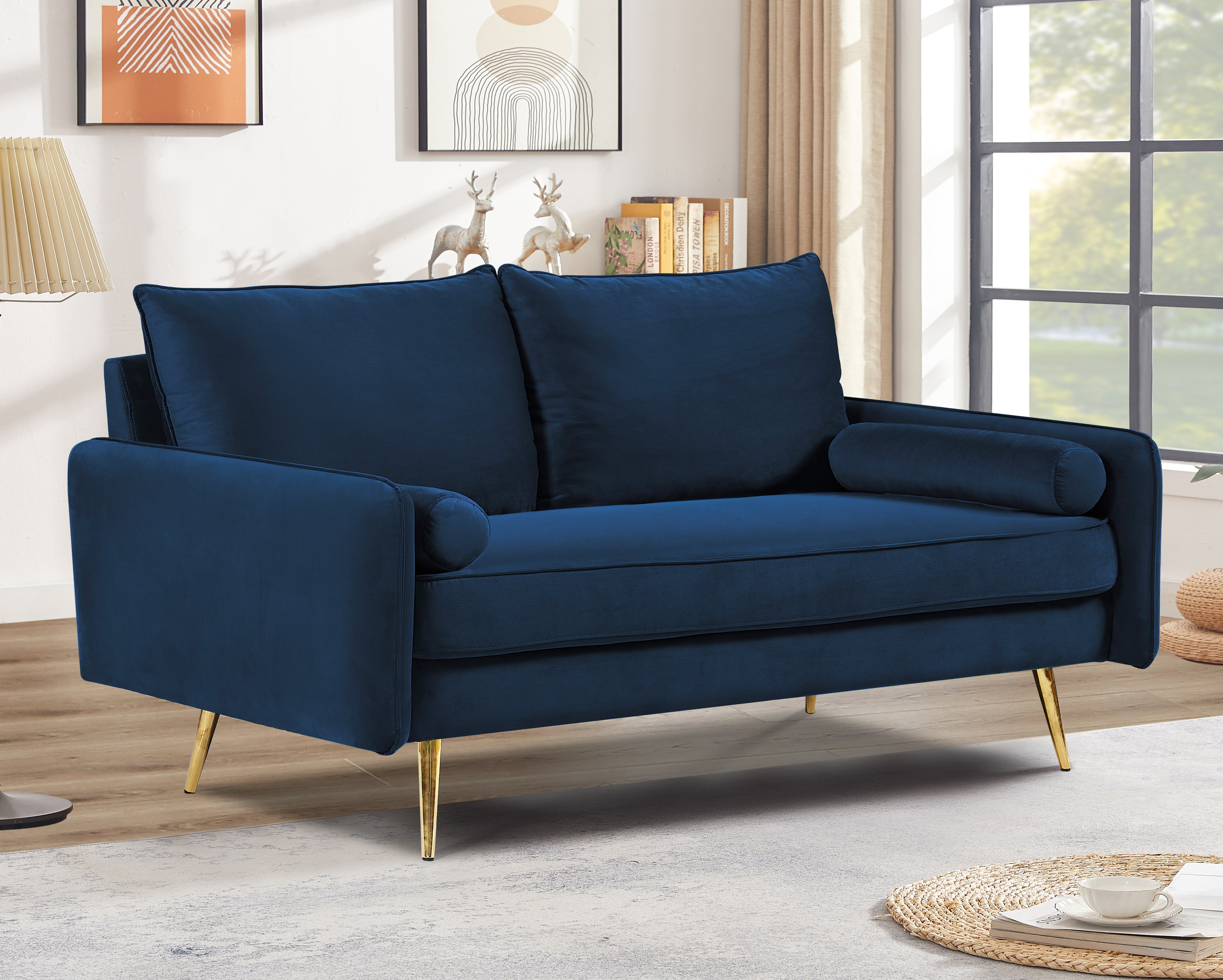 US Pride Furniture Villeda 58''W Polyester Square Arms Loveseat Dark Blue