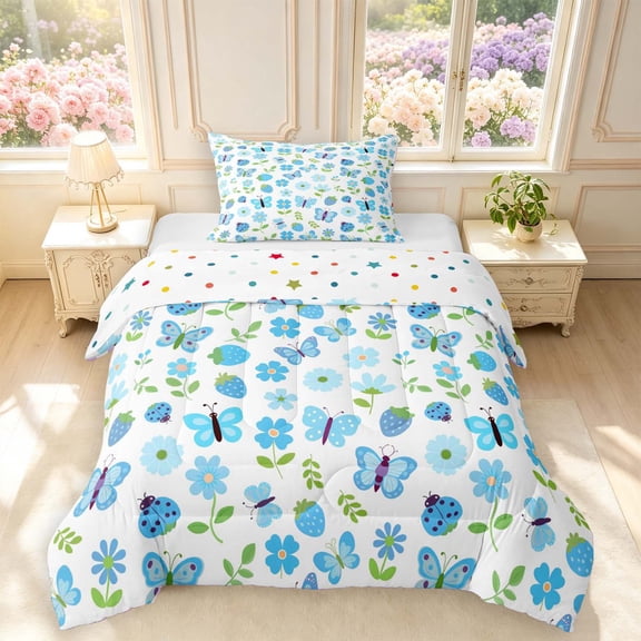 Erosebridal Strawberry Flowers Twin Comforter Sets,Cartoon Ladybug Bedding Set,White Blue,Polkadot Reversible,2 Pieces,1 Comforter and 1 Pillowcase