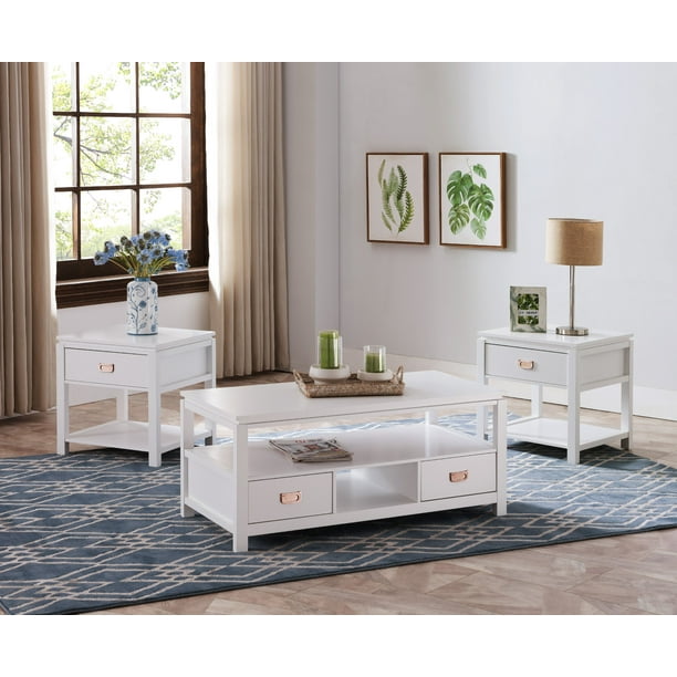 Adelaide 3 Piece Storage Coffee Table Set, White Wood, Contemporary