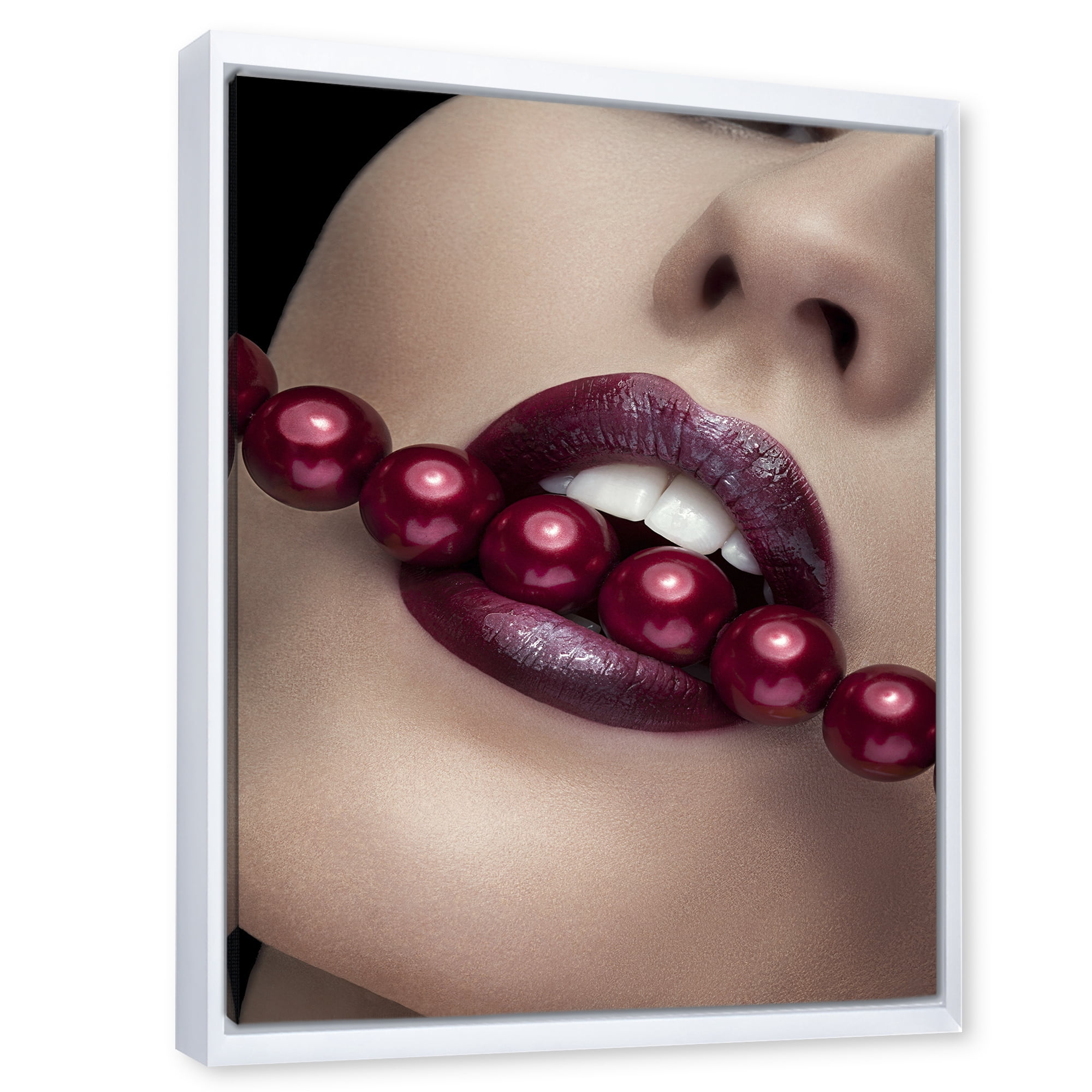 Designart 'Girl Bitting With Red Lips With Red Pearls' Modern Framed Canvas Wall Art Print