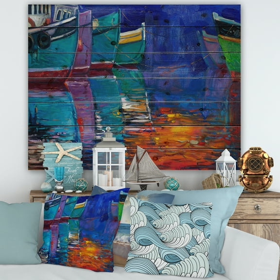 Designart 'Boats During Warm Sunset Resting On The Water I' Nautical & Coastal Print on Natural Pine Wood