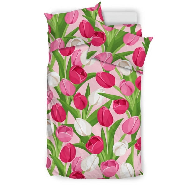 Juego de cama con estampado de tulipanes rosa y blanco
