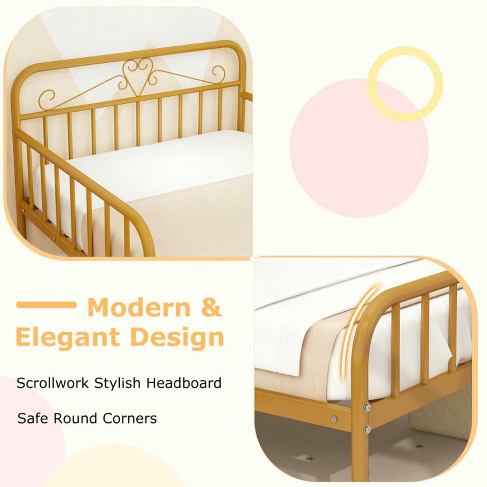 Barara King Bedroom Bed Frame, Bed Platform Frame,Twin Size Bed Frame with Headboard and Safety Side Guardrails-Gold