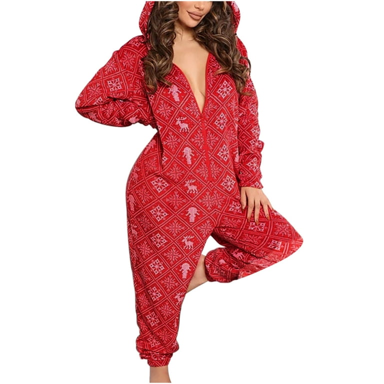 Lolmot Women's Plaid Hooded Jumpsuit Sleepwear Long Sleeve Zipper Fleece  Christmas Onesie Pajamas Homewear Rompers Sleepwear 