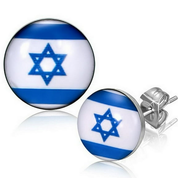 925 Sterling Silver Israeli Flag Stud Earrings for Women Blue & White Star of David Israel Flag Round Post Earrings