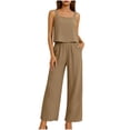 thumbnail image 6 of Women's 2 Piece Cotton Linen Set, Sleeveless Square Neck Tank Top and Elastic Waist Wide Leg Pants with Pockets, Matching Lounge Set, Summer Casual and Vacation Outfit-Khaki, 6 of 10