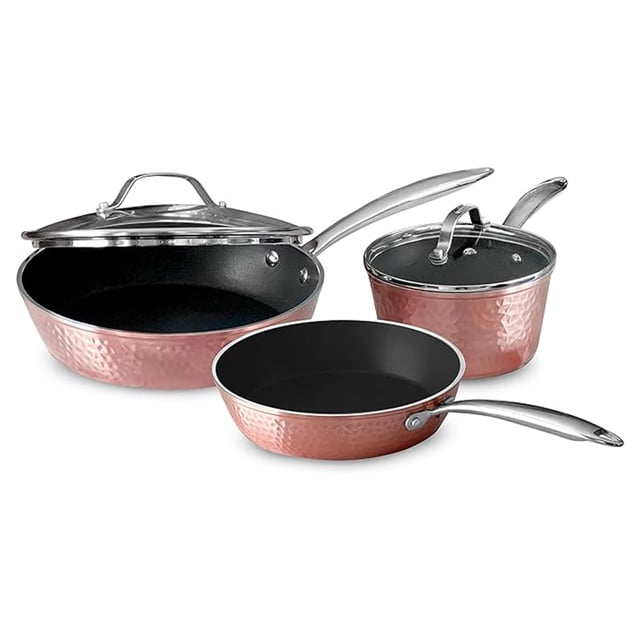 Orgreenic Lujoso juego de utensilios de cocina de cerámica de 5 piezas en oro rosa con tapas de vidrio, ligero, resistente a los arañazos, apto para lavavajillas y horno hasta 500 °F