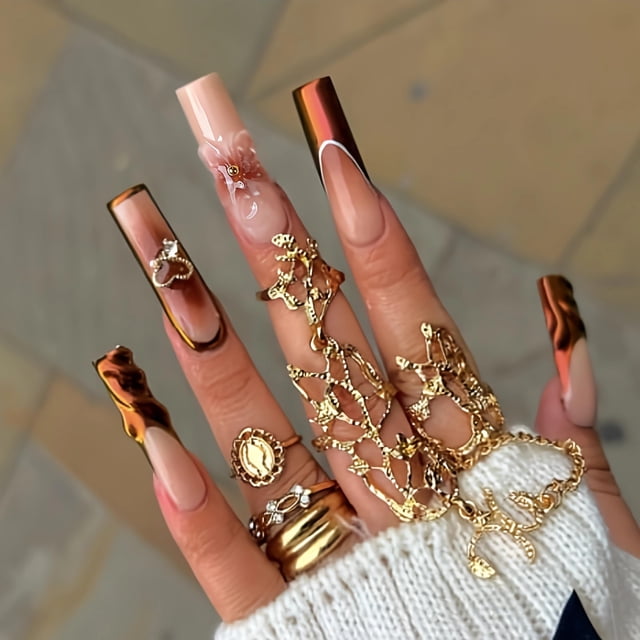Uñas impresas BABALAL, largas, cuadradas, marrón metalizado, 24 unidades