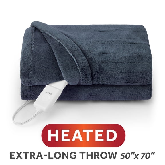 Sunbeam Heated Electric Microplush Throw Blanket, Big Blue, 4 Heat Settings, 50 x 70 in