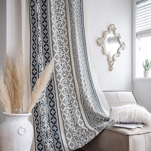 Nvzi Cortina de lino y algodón estilo rústico con borlas, para ventana, con estampado geométrico, para dormitorio, sala de estar, 1 pieza (59 x 102 pulgadas, azul)