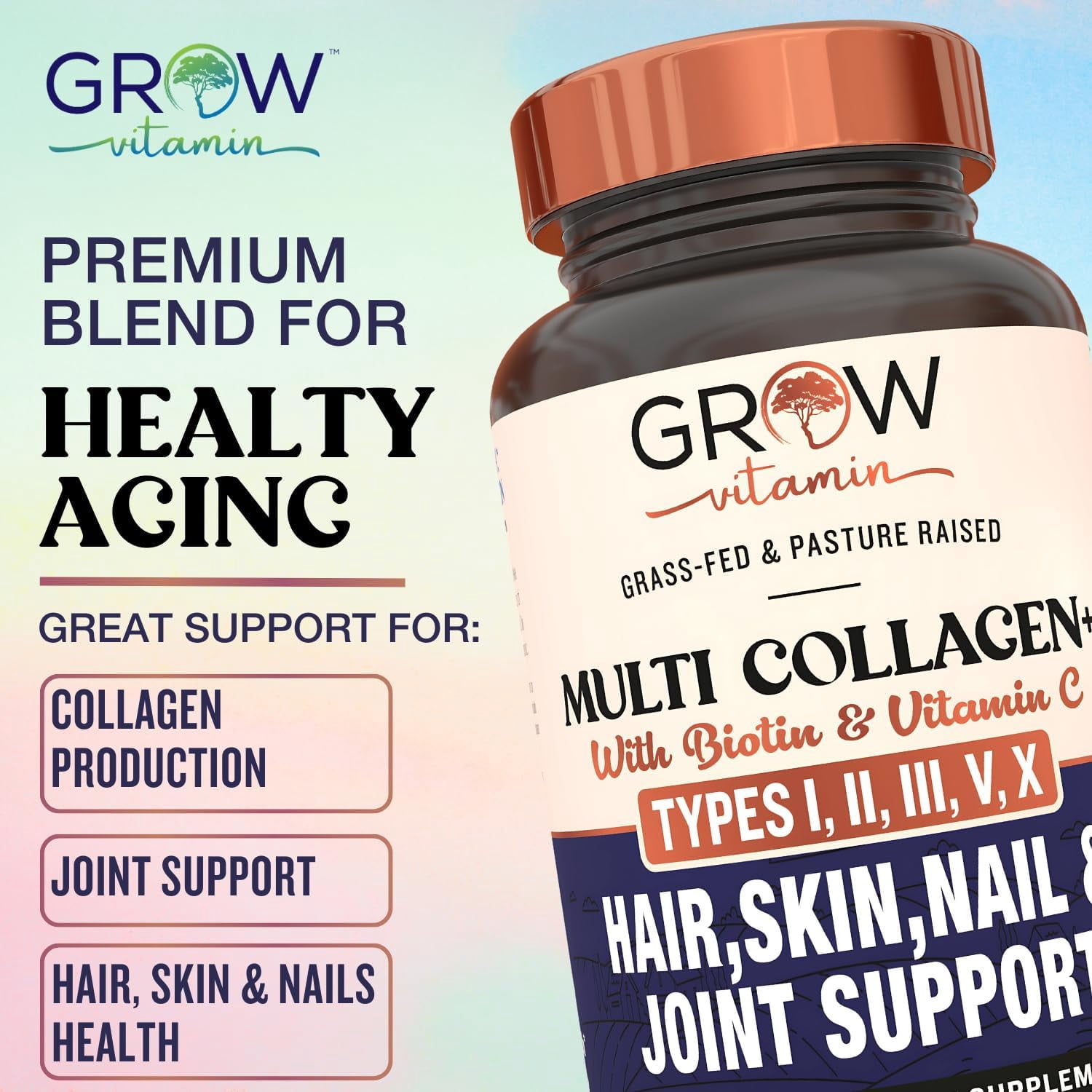 Grow Vitamin Collagen Supplements for Skin Elasticity, Hydration & Cartilage - 90 Capsules
