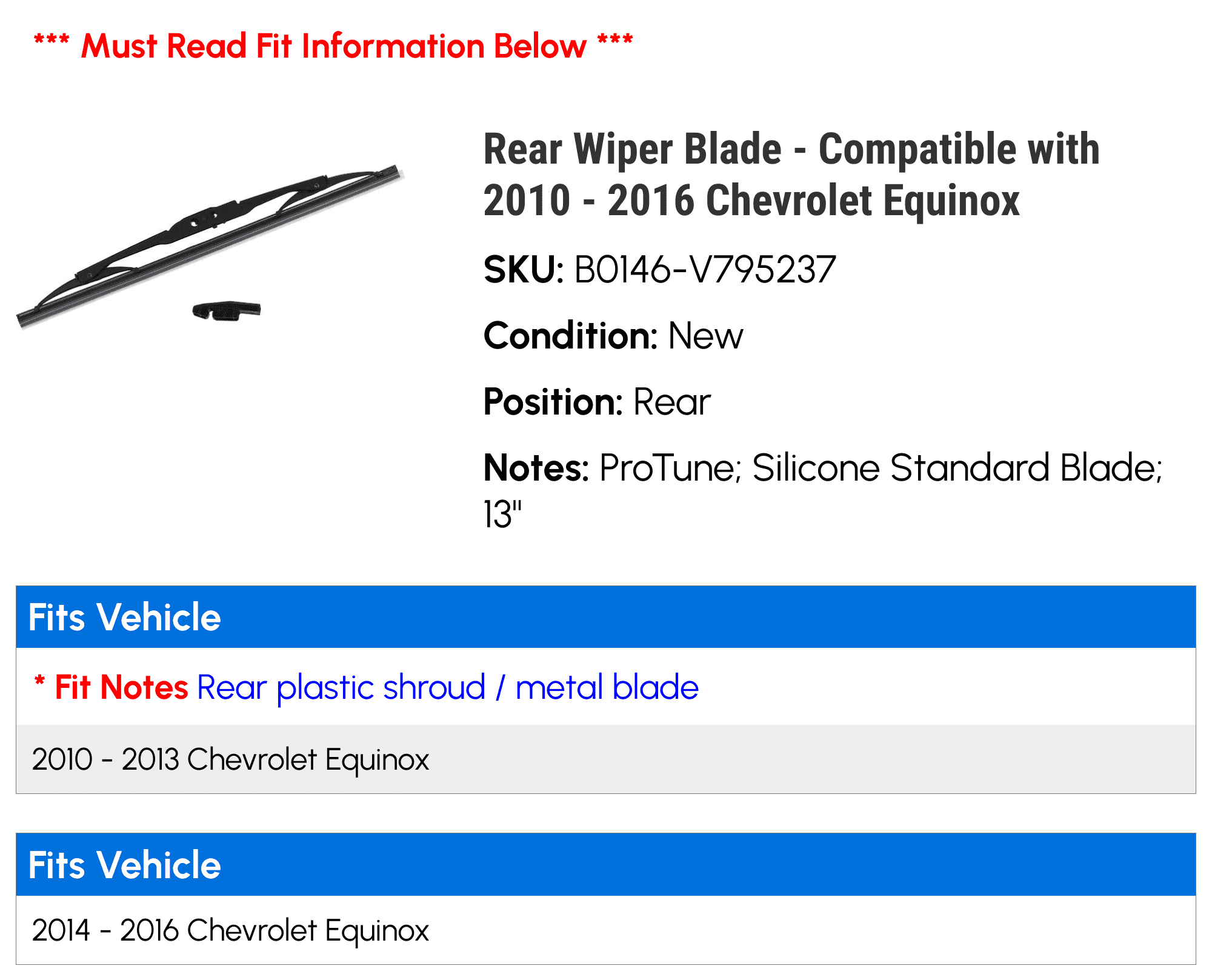 Rear Wiper Blade - Compatible with 2010 - 2016 Chevy Equinox 2011 2012 2013 2014 2015