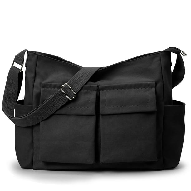 Bolso bandolera KALIDI de lona, negro, para mujer o hombre