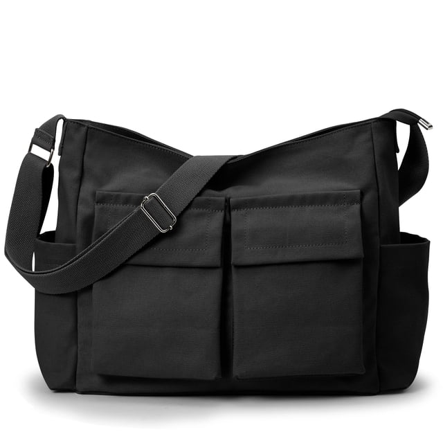Bolso bandolera KALIDI de lona, negro, para mujer o hombre