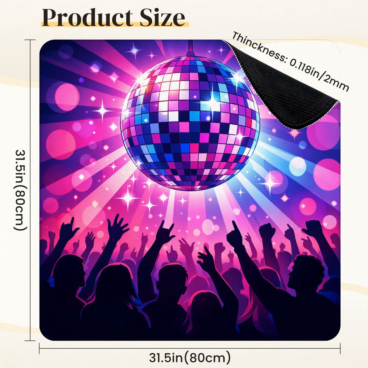 Mahjong Mat 31.5" x 31.5" Vibrant Disco Dance Party Sparkling Disco Ball Colorful Lights Non-Slip Noise Reduction Mahjong Tiles Table Cover for Dominoes Poker Card Board and Tile Games