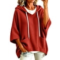 thumbnail image 2 of Inverlee Waffle Knit Short Sleeve Hoodies for Women Oversized Drop Shoulder Pullovers Pockets Solid Loose Casual Hooded Tops Red S-XXL, 2 of 9