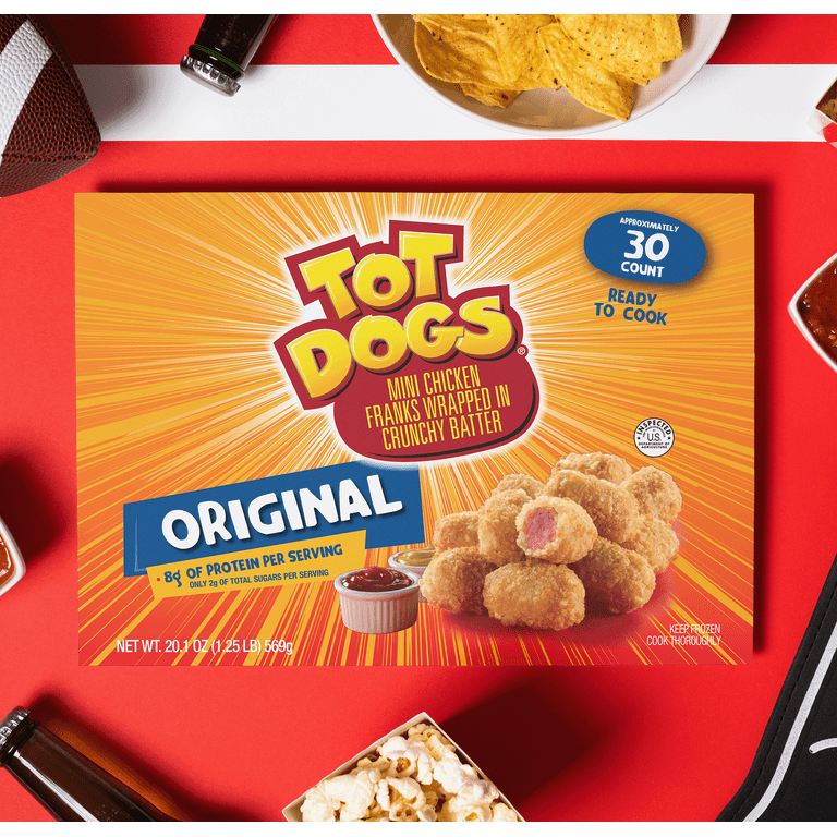 TotDogs, 8 Grams of Protein Per Serving, Original, Frozen, Chicken Hotdog Fritter Bites, 20.1 oz, 30 Count