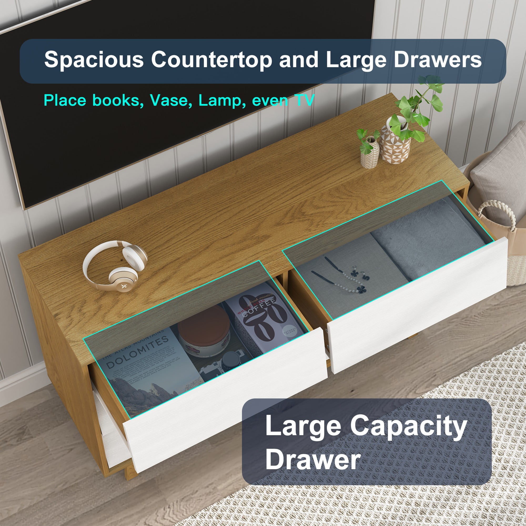 Finihen 6 Drawer Double Dresser Features Vintage-style and Bevel Design, Dresser For Nursery, Kids, Chest Of Drawers, White+Beige Finihen 6 Drawer Double Dresser Features Vintage-style and Bevel Design, Dresser For Nursery, Kids, Chest Of Drawers, White+Beige