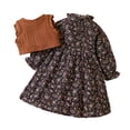 thumbnail image 2 of YWDJ Toddler Girl Party Dresses 3-8 Years Dress Brown Knit Vests + Round Neck Long Sleeve Ruffle Floral Dress Two Piece Dress Set Brown 4Y, 2 of 9