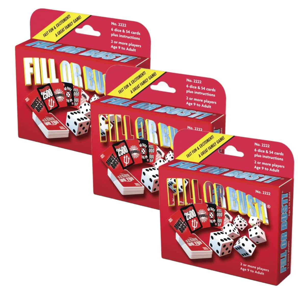 Fill or Bust Great Card and Dice Game - Toy - Family Fun For All Ages - Great Gift Idea - Plus 12 Bonus Dice (3 Pack Fill Or Bust Games, Plus 12 Xtra Dice)