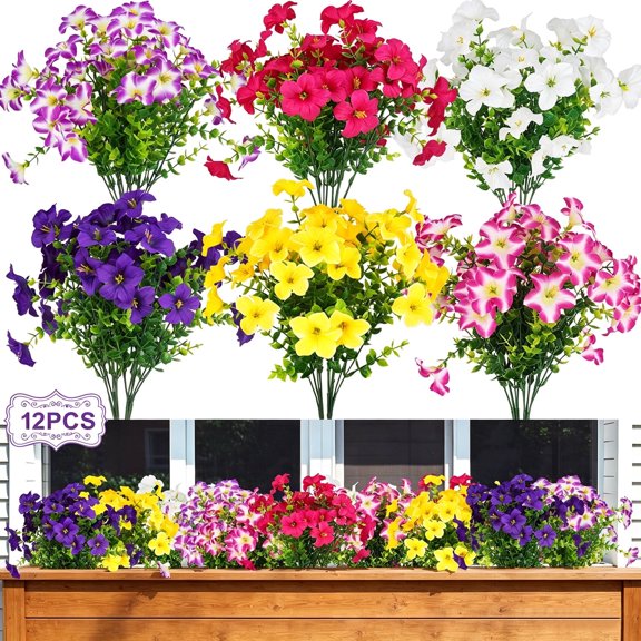 Artificial Petunias Flowers 12 Pack 6 Colors, Fake Outdoor UV Resistant Flowers, Faux Floral Bouquets for Garden Patio Porch Window Box Home Decor