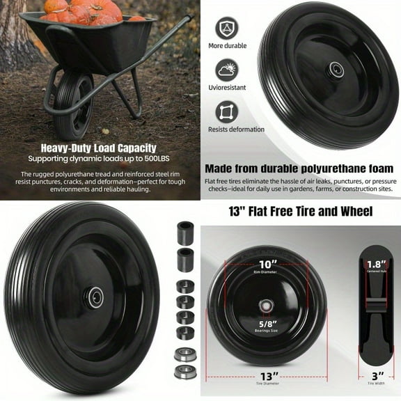 13" Heavy-Duty Solid Tire Wheel - Flat-Free 50,000lb Capacity for Wheelbarrows & Garden Carts - 5/8" & 3/4" Bearings, Reinforced Steel Rim