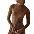 thumbnail image 3 of Pxiakgy Hot Sale!! Women's Long Sleeve Lace Mesh Sheer Layering Top Mock Neck Floral See Through Shirt Blouse Mesh Top Thumb Hole See Through Pullover Blouses Brown L, 3 of 4