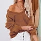 thumbnail image 3 of Jersey con cuello en V, Top de punto, moda, transpirable, manga larga, suéter suelto de punto para mujer, Café XL, 3 of 6