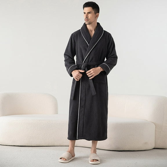 Letdown Mens Robes Thick Plush Cloth Housecoat Terry Toweling, Sweat Steaming Clothes Comfortable & Warm, Fluffy Bathrobe with Belt & 2 Pockets Plush Sleepwear Lounge Sets (#07-Black,L)
