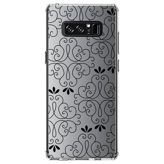 DistinctInk Clear Shockproof Hybrid Case for Samsung Galaxy Note 8 - TPU Bumper, Acrylic Back, Tempered Glass Screen Protector - Black White Fade Black Floral Pattern