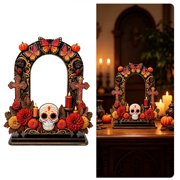 Dia De Los Muertos Altar Wooden Picture Frames,2026 Ornate Day of The Dead Ofrenda Decor Sugar Skull Photo Stand for Altar Tabletop Remembrance Home Decor Style F